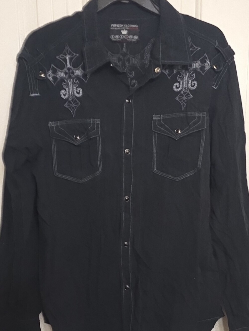 POP ICON CLOTHING Black Western Embroidered Snap Shirt Jacket